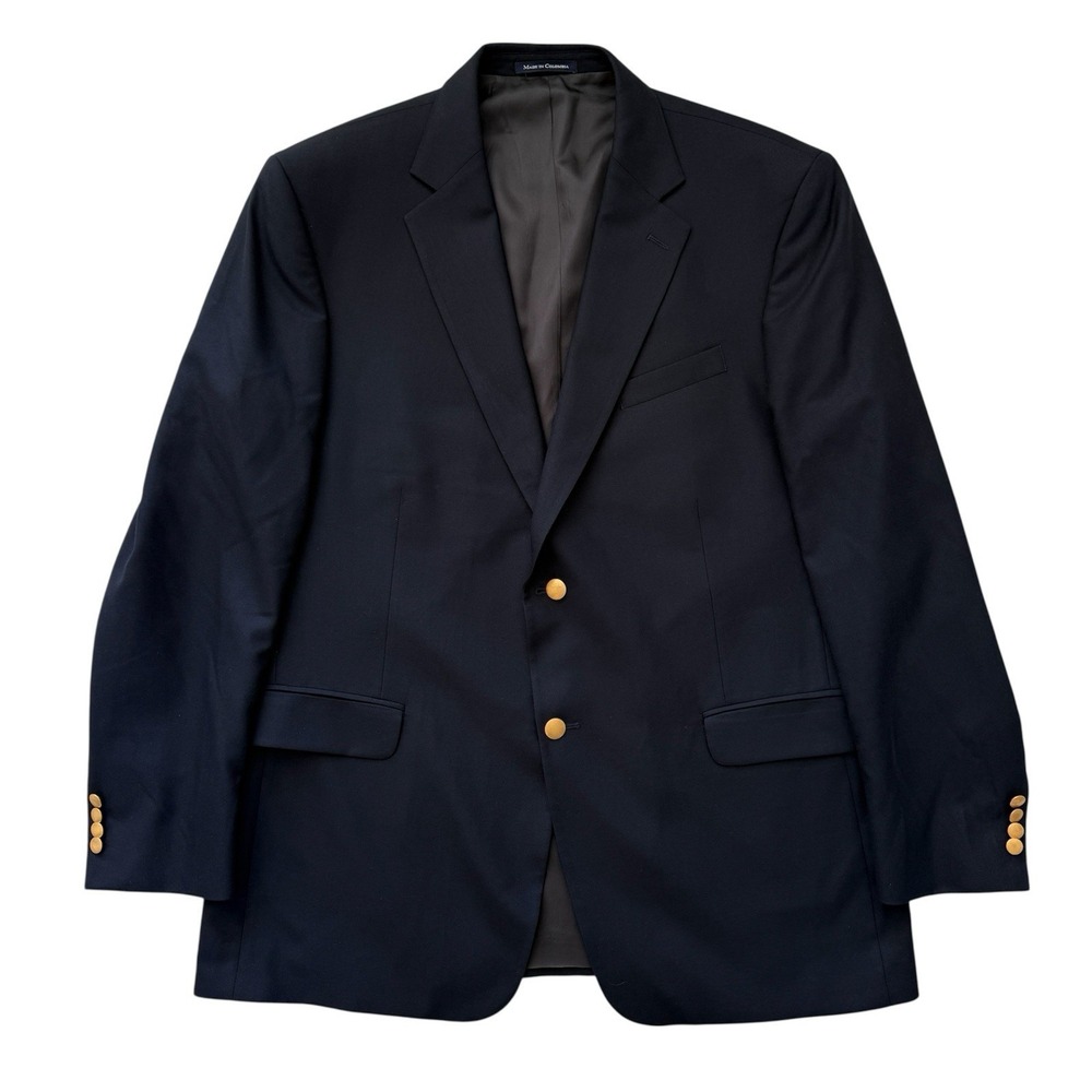 VTG Lands' End Wool Navy Blazer Mens 46L Gold Button Sport Coat Colombia Classic